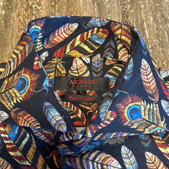 Men's Axxess All Over Feathers Print Long Sleeve Dress Shirt, Large - Picture 3 of 7